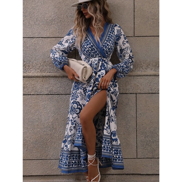 Floral Print Lantern long Sleeve Split Thigh midi dress blue white boho - Picture 3 of 7